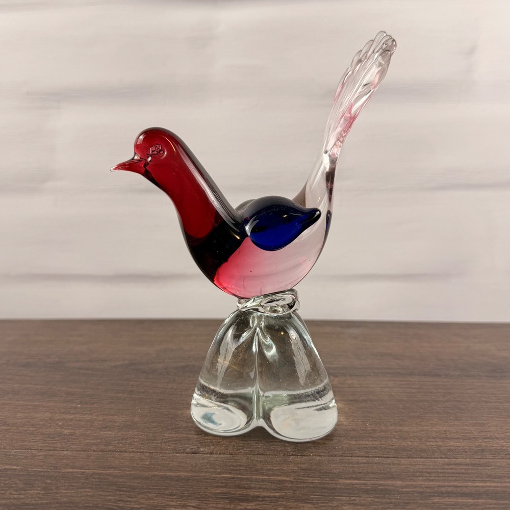 Murano Style Art Glass Pheasant Bird Red Blue Clear Mid Century